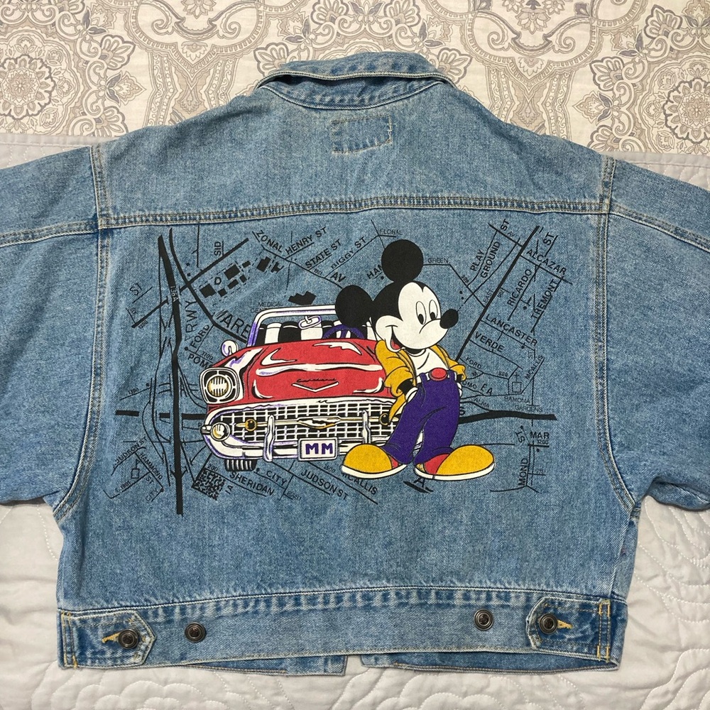 Vintage JEAN JACKET Mickey Mouse by Jerry Leigh cropped blue denim Childs sz Lrg
